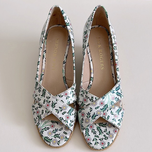 NWOT Jack Rogers Palmer Criss Cross Heel Wedge White Floral Espadrilles - Picture 1 of 6